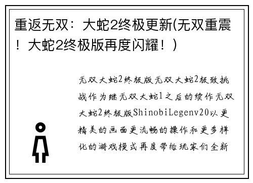 重返无双：大蛇2终极更新(无双重震！大蛇2终极版再度闪耀！)